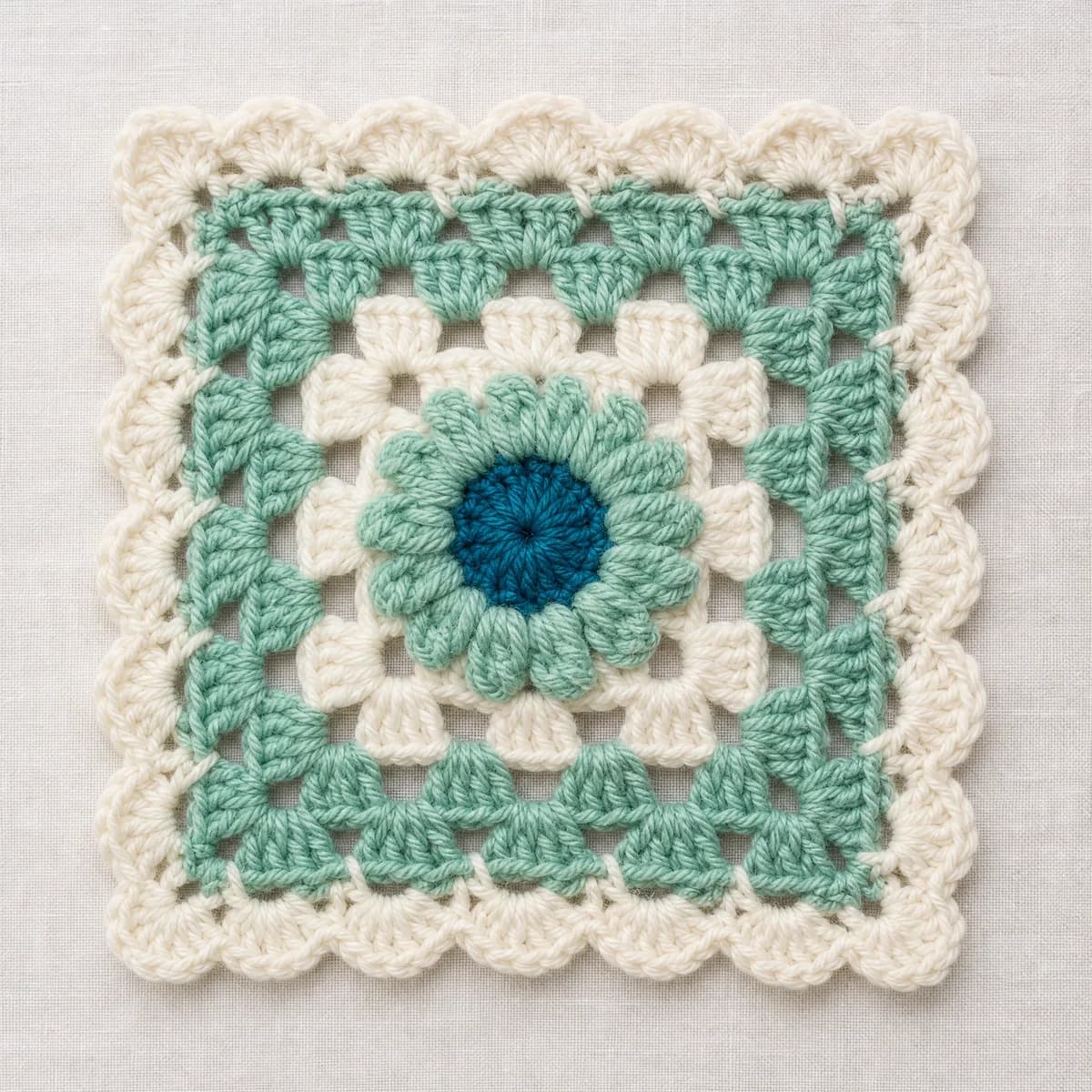 Cresting Tide Bloom Granny Square — Ocean Waves in Cream and Blue crochet pattern