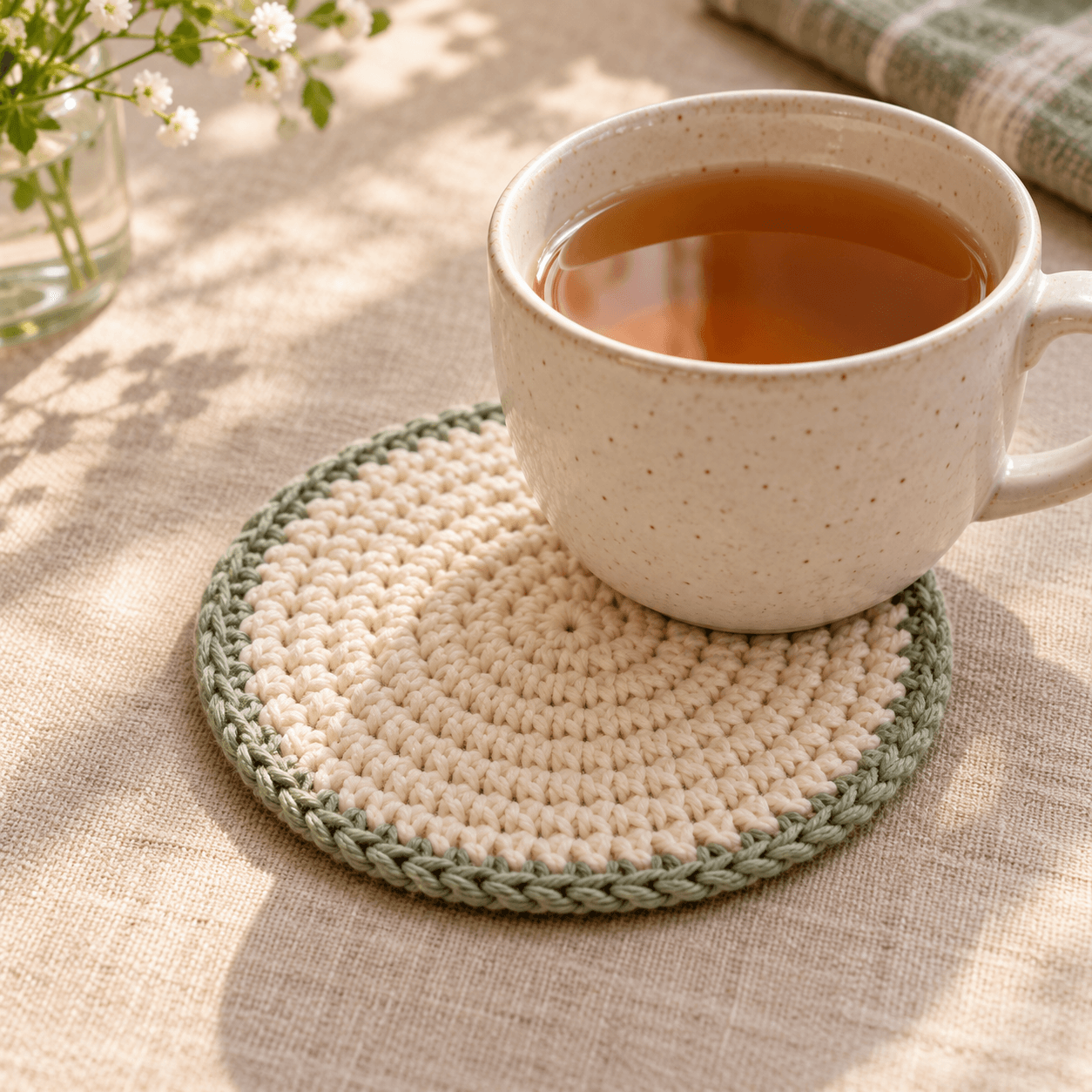 Handmade crochet coaster on linen