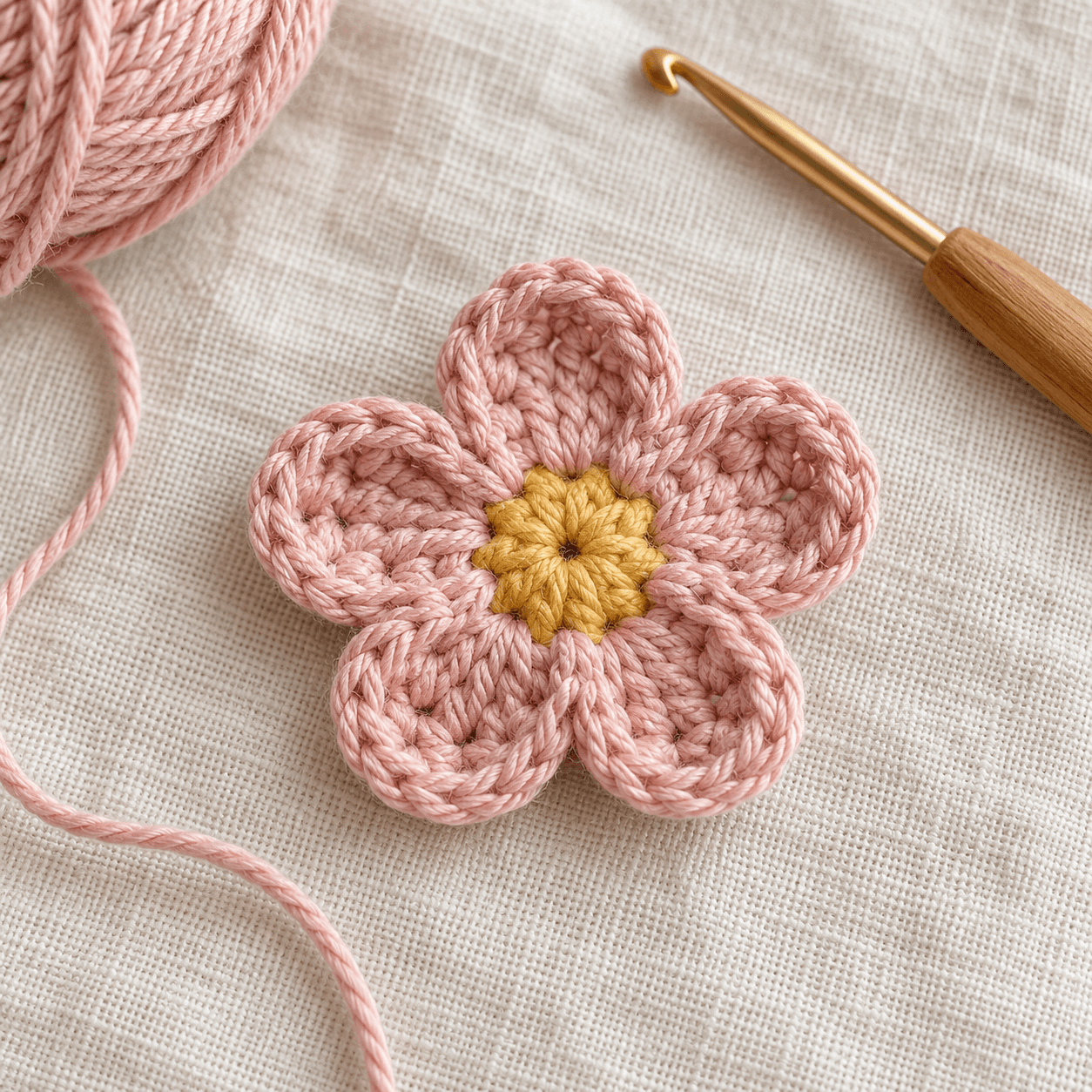 Pink crochet flower with a yellow yarn center